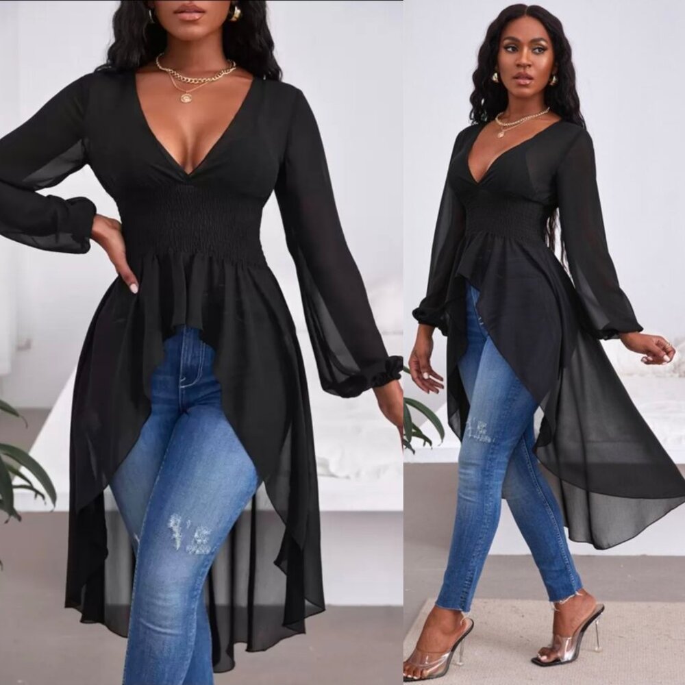Shein Plunging Neck High Low Hem Top Lantern Sleeve Black Sheer Smocked Size L